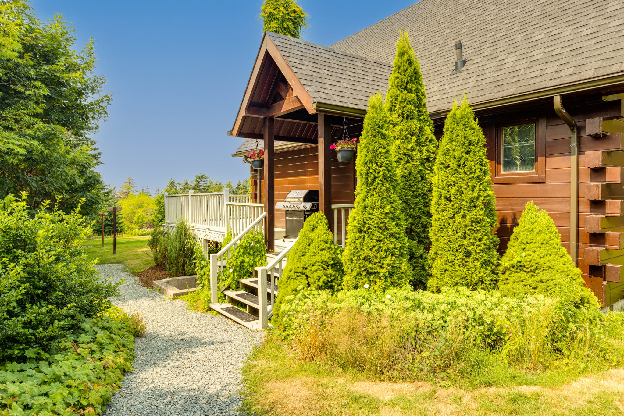Living room with large windows and wood finishes